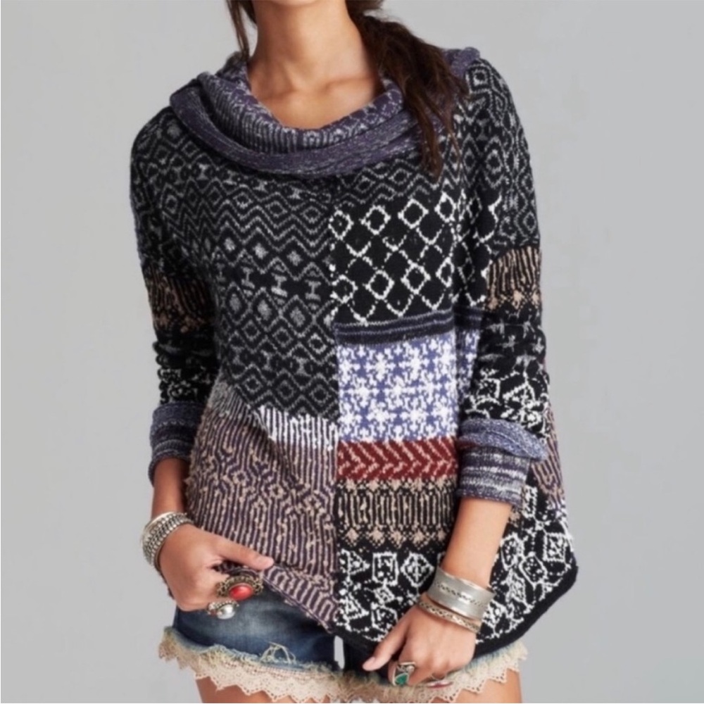 Free People Black and Purple Patterned Sweater